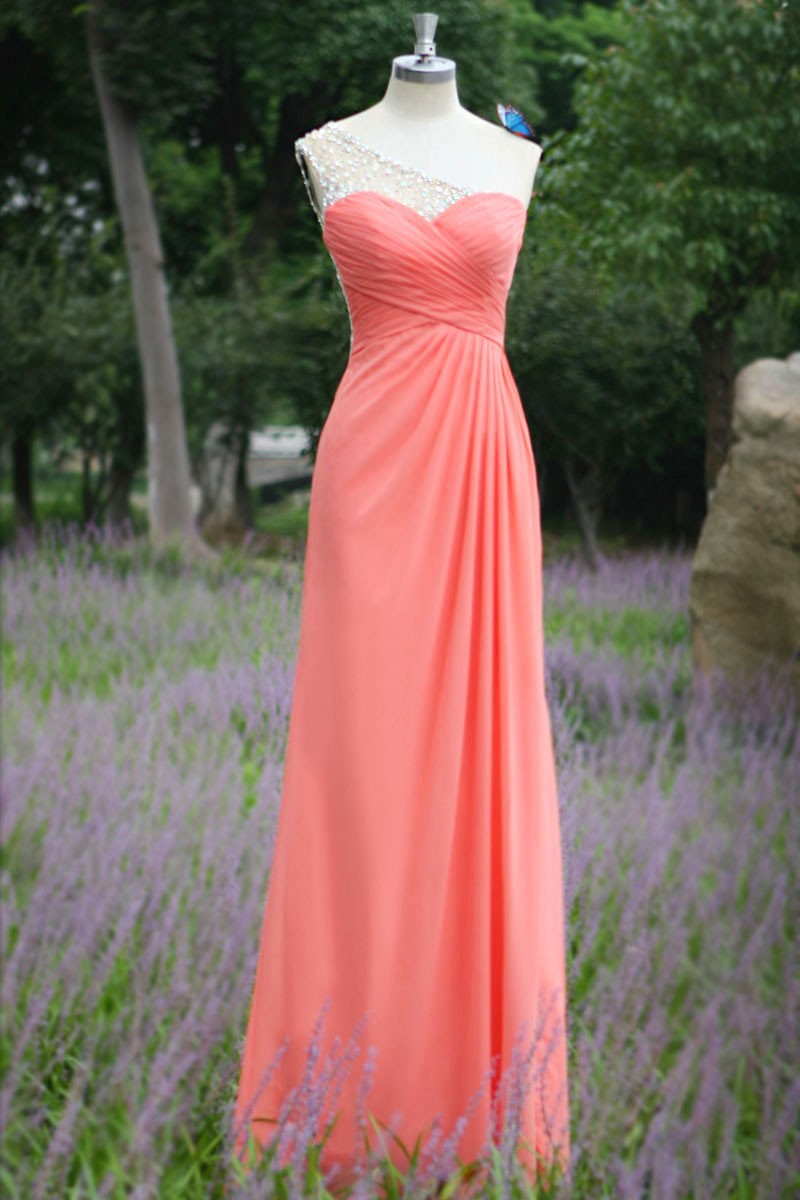 Coral One-Shoulder Sweetheart Ruched Long Chiffon Dress Featuring Open Back Illusion - Prom 