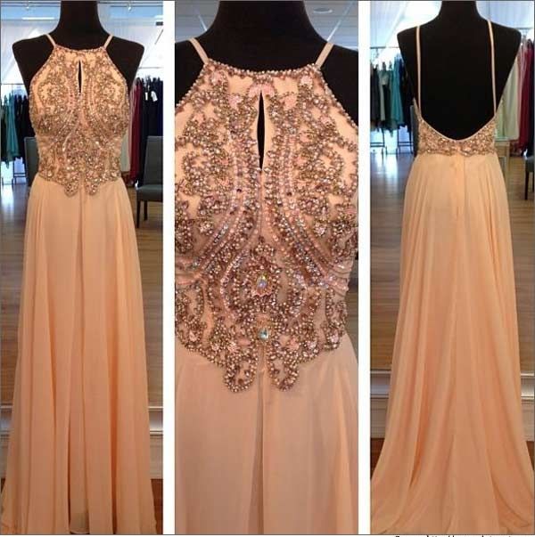 Peach Color Chiffon Dress Long Beaded Halter Sleeveless Prom Dress Beaded Evening Dress Formal