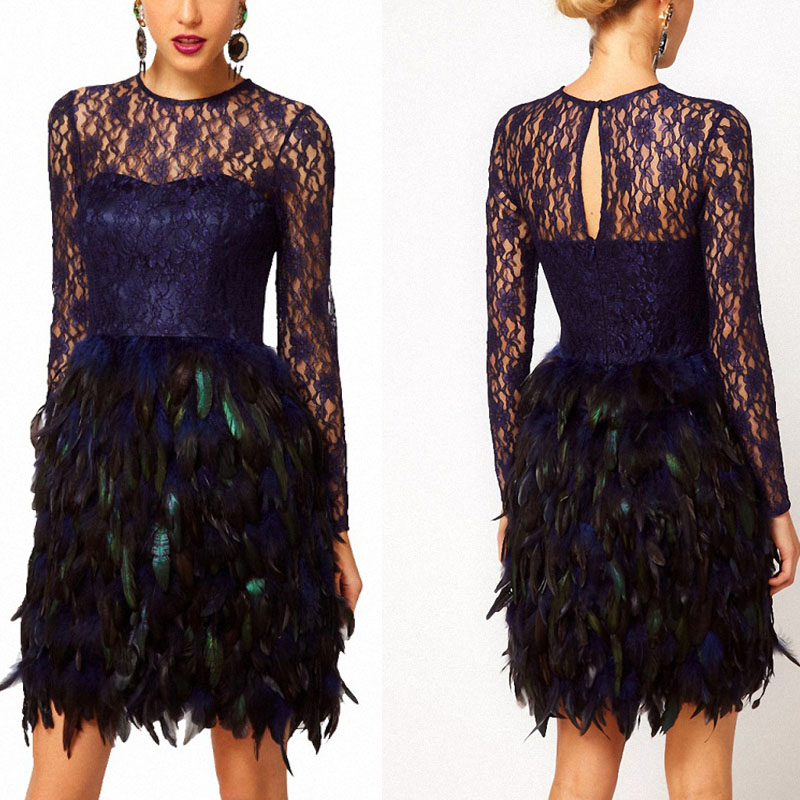 Navy Blue Lace Cocktail Dress Short Prom Dress,feather Mini Sexy