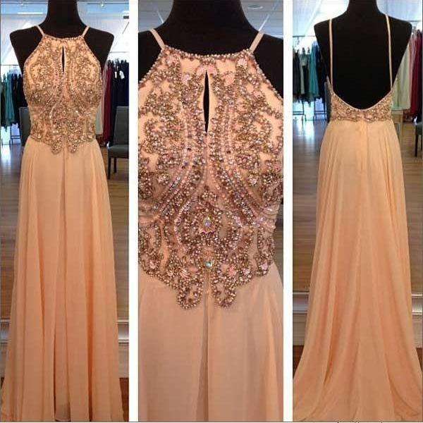 Peach Color Chiffon Dress Long Beaded Halter Sleeveless Prom Dress