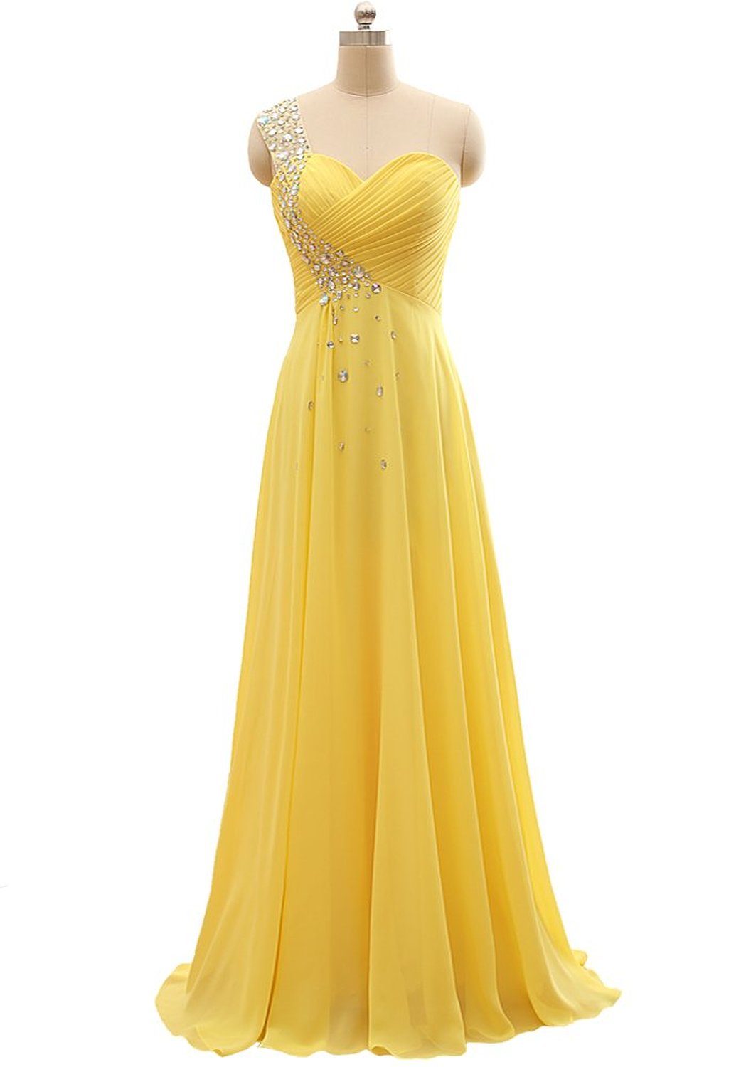 Elegant One Shoulder Yellow Chiffon Beaded Pleat Long Party Dress 